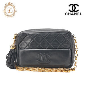 Chanel Matelasse Coco Mark fringed chain shoulder bag black lambskin